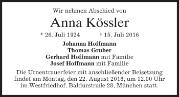 Traueranzeige von Anna Kössler von merkurtz
