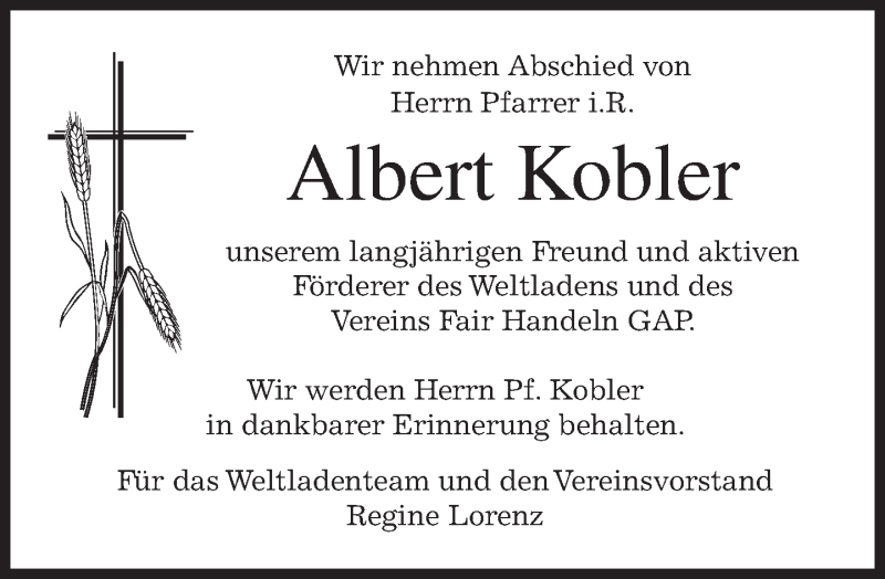  Traueranzeige für Albert Kobler vom 07.07.2016 aus merkurtz