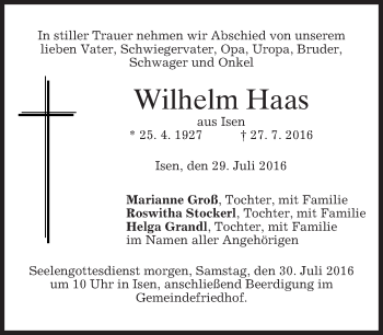 Traueranzeige von Wilhelm Haas von merkurtz