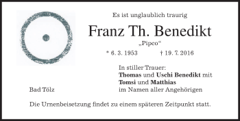 Traueranzeige von Franz Benedikt von merkurtz