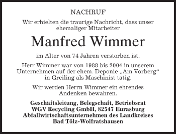 Traueranzeige von Manfred Wimmer von merkurtz