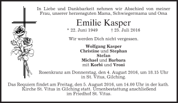 Traueranzeige von Emilie Kasper von merkurtz