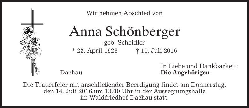  Traueranzeige für Anna Schönberger vom 12.07.2016 aus merkurtz