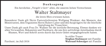 Traueranzeige von Walter Staltmayer von merkurtz