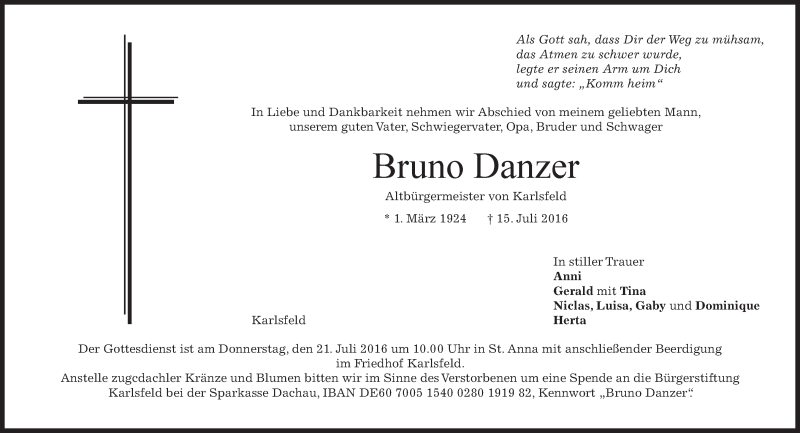  Traueranzeige für Bruno Danzer vom 16.07.2016 aus merkurtz