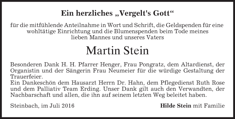  Traueranzeige für Martin Stein vom 16.07.2016 aus merkurtz