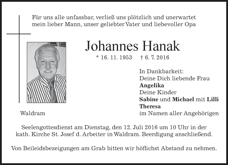  Traueranzeige für Johannes Hanak vom 09.07.2016 aus merkurtz