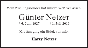 Traueranzeige von Günter Netzer von merkurtz