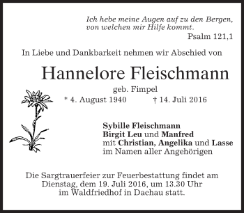Traueranzeige von Hannelore Fleischmann von merkurtz
