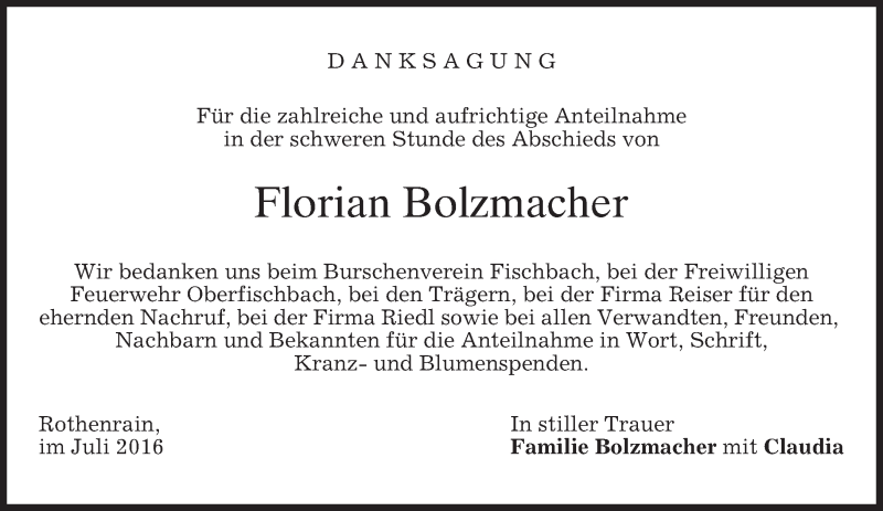  Traueranzeige für Florian Bolzmacher vom 02.07.2016 aus merkurtz