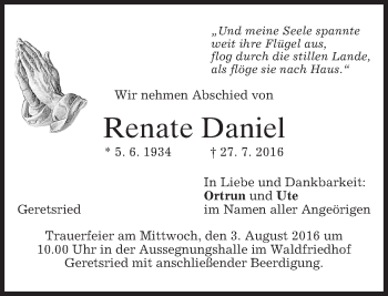 Traueranzeige von Renate Daniel von merkurtz