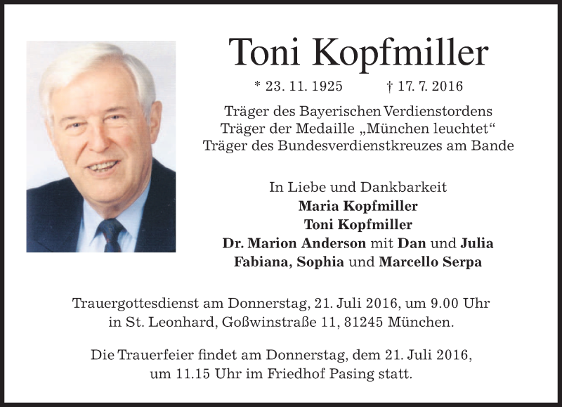  Traueranzeige für Toni Kopfmiller vom 20.07.2016 aus merkurtz
