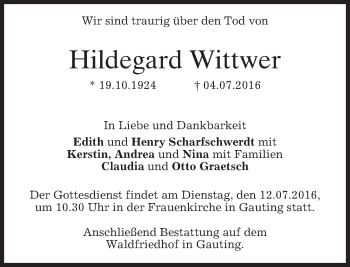 Traueranzeige von Hildegard Wittwer von merkurtz