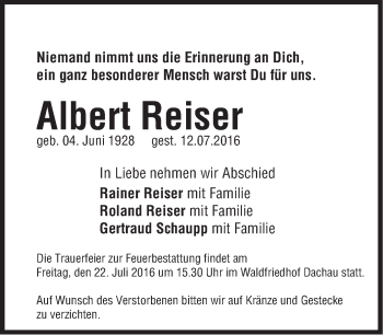 Traueranzeige von Albert Reiser von merkurtz