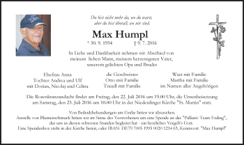 Traueranzeige von Max Humpl von merkurtz