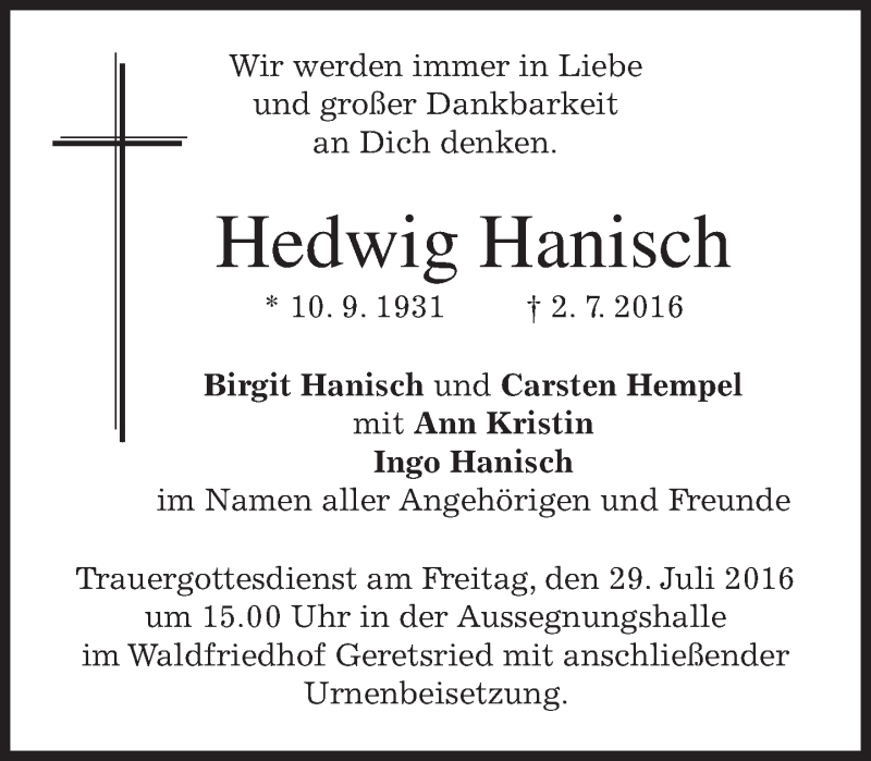  Traueranzeige für Hedwig Hanisch vom 25.07.2016 aus merkurtz