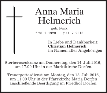 Traueranzeigen Von Anna Maria Helmerich Trauer Merkur De