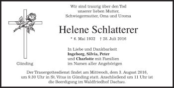 Traueranzeige von Helene Schlatterer von merkurtz