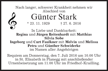 Traueranzeige von Günter Stark von merkurtz