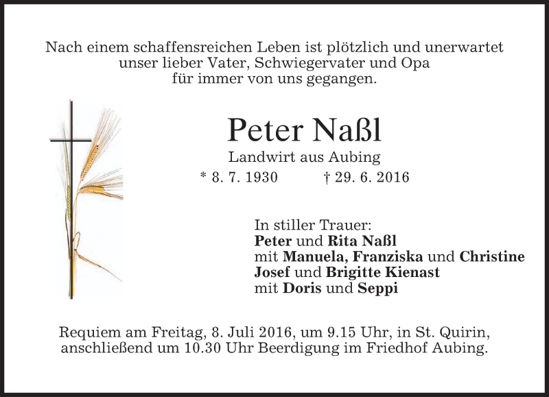  Traueranzeige für Peter Naßl vom 05.07.2016 aus merkurtz