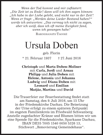 Traueranzeige von Ursula Doben von merkurtz