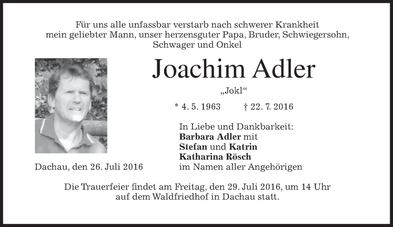 Traueranzeige für Joachim Adler vom 26.07.2016 aus merkurtz