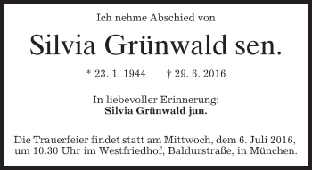Traueranzeige von Silvia Grünwald von merkurtz