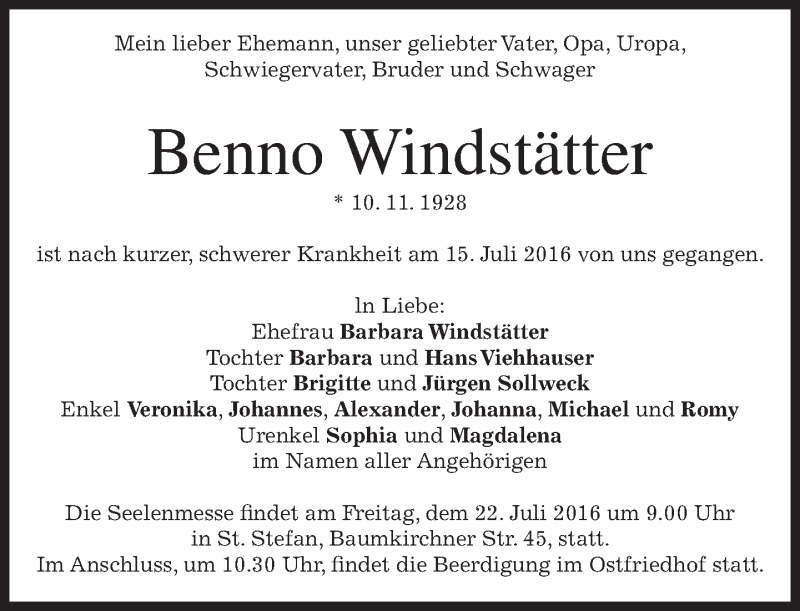  Traueranzeige für Benno Windstätter vom 20.07.2016 aus merkurtz