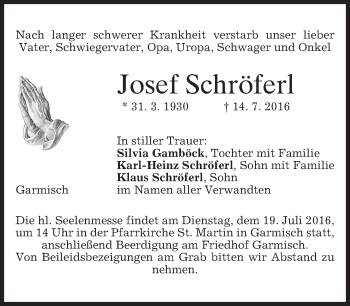 Traueranzeige von Josef Schröferl von merkurtz