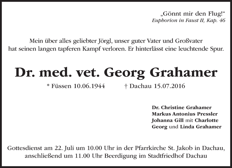  Traueranzeige für Georg Grahamer vom 19.07.2016 aus merkurtz
