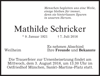 Traueranzeige von Mathilde Schricker von merkurtz