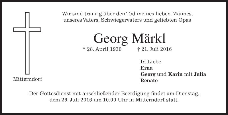  Traueranzeige für Georg Märkl vom 23.07.2016 aus merkurtz