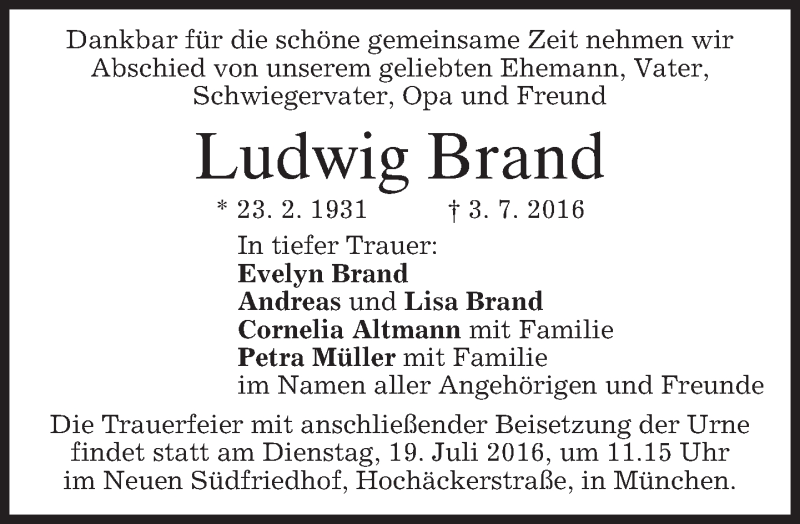  Traueranzeige für Ludwig Brand vom 05.07.2016 aus merkurtz