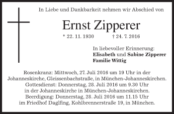 Traueranzeige von Ernst Zipperer von merkurtz