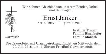 Traueranzeige von Ernst Janker von merkurtz