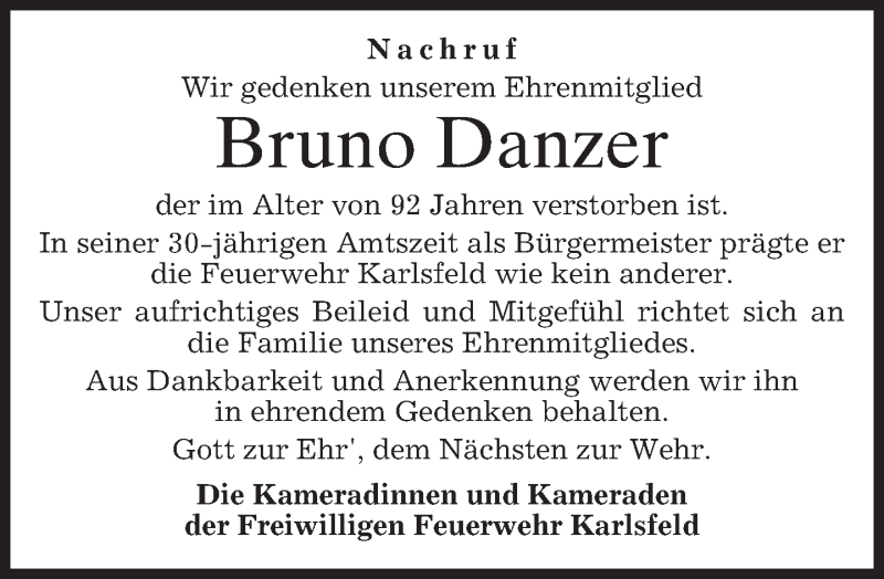  Traueranzeige für Bruno Danzer vom 19.07.2016 aus merkurtz