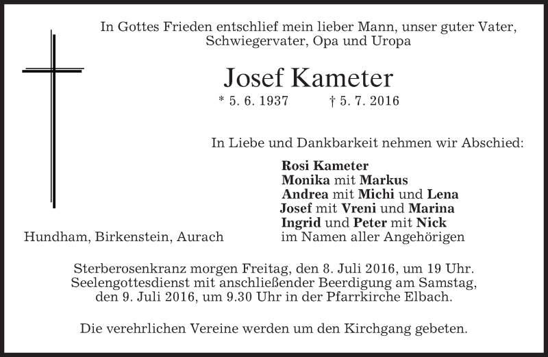  Traueranzeige für Josef Kameter vom 07.07.2016 aus merkurtz