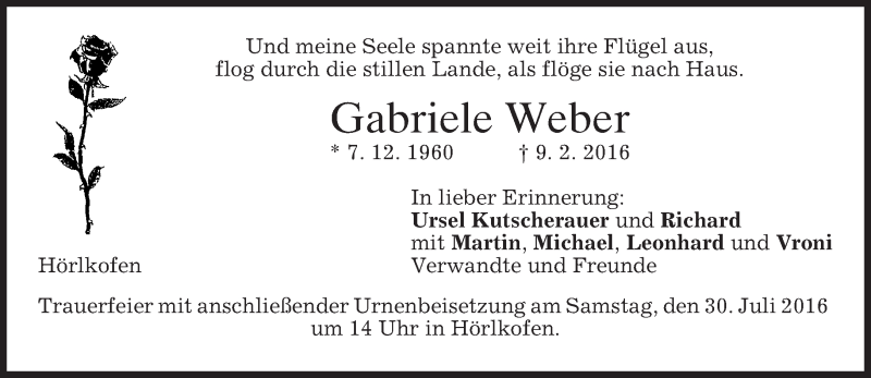  Traueranzeige für Gabriele Weber vom 28.07.2016 aus merkurtz