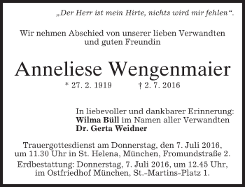 Traueranzeige von Anneliese Wengenmaier von merkurtz