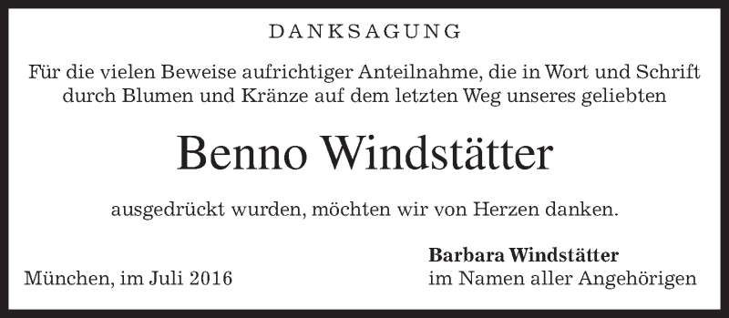  Traueranzeige für Benno Windstätter vom 30.07.2016 aus merkurtz
