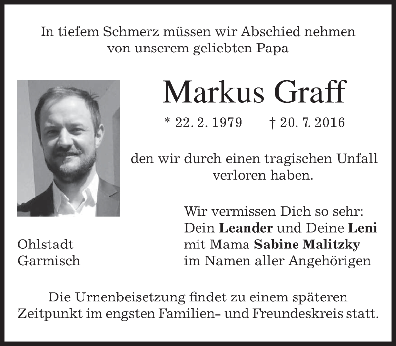  Traueranzeige für Markus Graff vom 30.07.2016 aus merkurtz