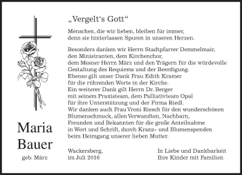 Traueranzeige von Maria Bauer von merkurtz