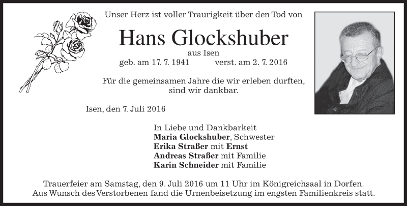  Traueranzeige für Hans Glockshuber vom 07.07.2016 aus merkurtz