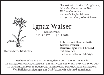 Traueranzeige von Ignaz Walser von merkurtz
