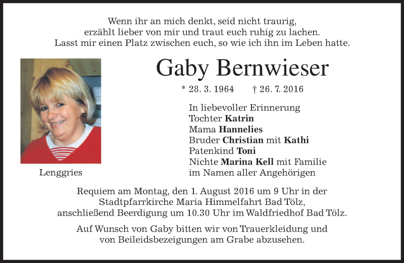  Traueranzeige für Gaby Bernwieser vom 29.07.2016 aus merkurtz