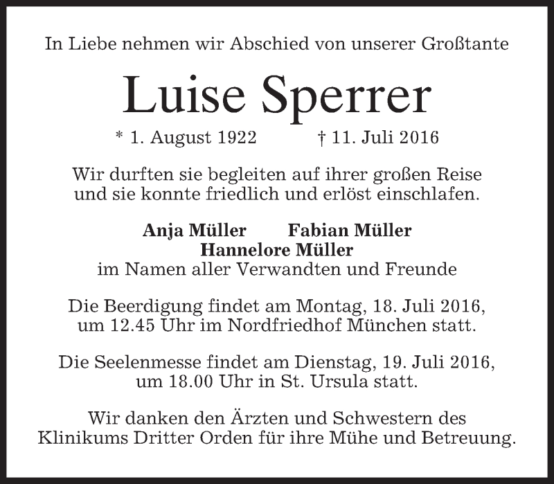  Traueranzeige für Luise Sperrer vom 15.07.2016 aus merkurtz