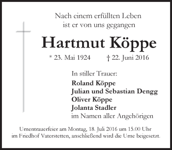 Traueranzeige von Hartmut Köppe von merkurtz