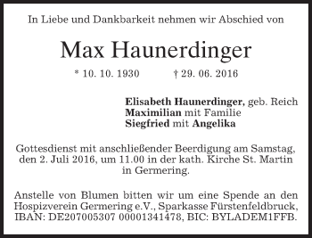 Traueranzeige von Max Haunerdinger von merkurtz