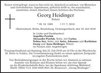 Traueranzeige von Georg Heidinger von merkurtz