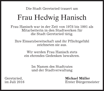 Traueranzeige von Hedwig Hanisch von merkurtz